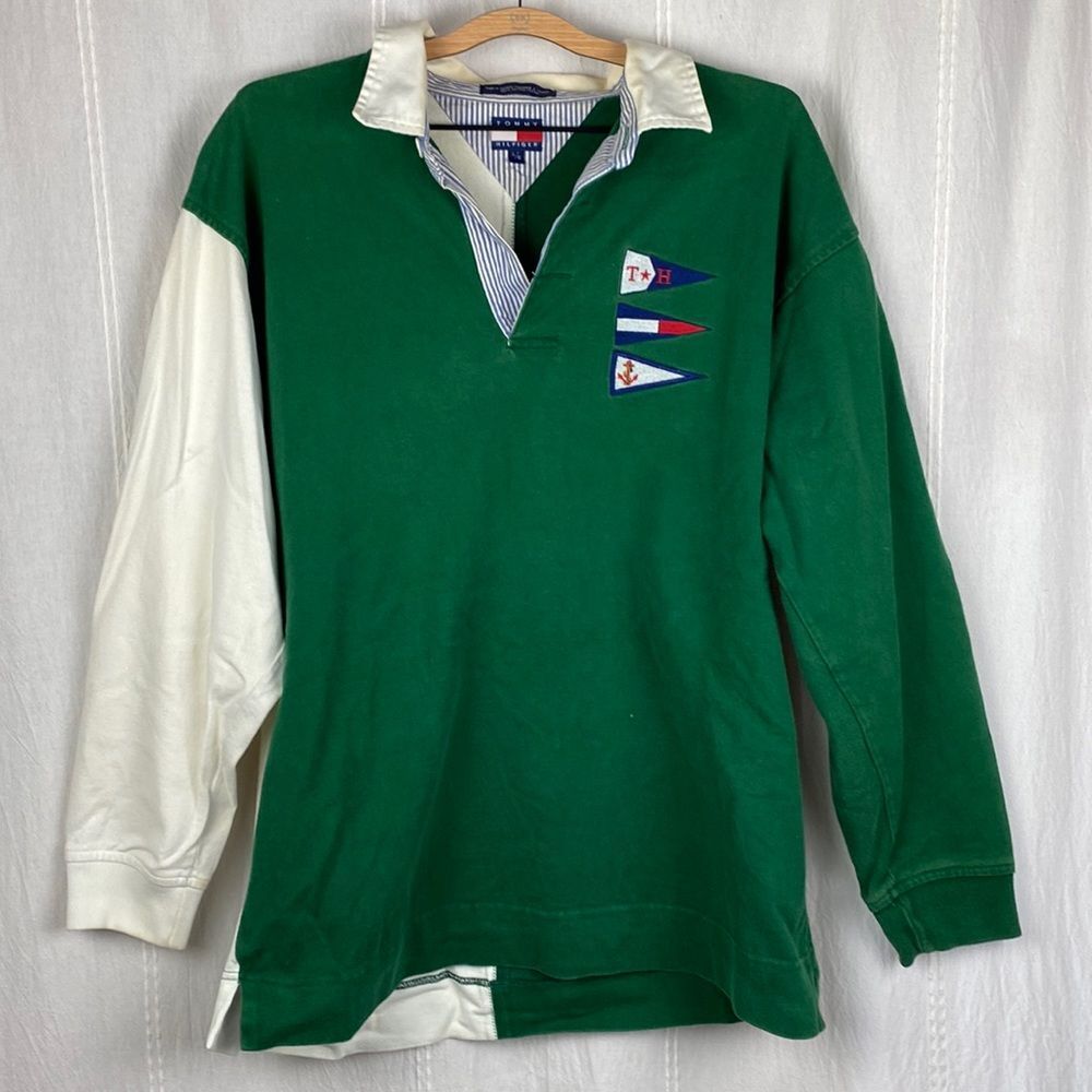 Vintage Tommy Hilfiger colorblock long sleeve polo with embroidery large